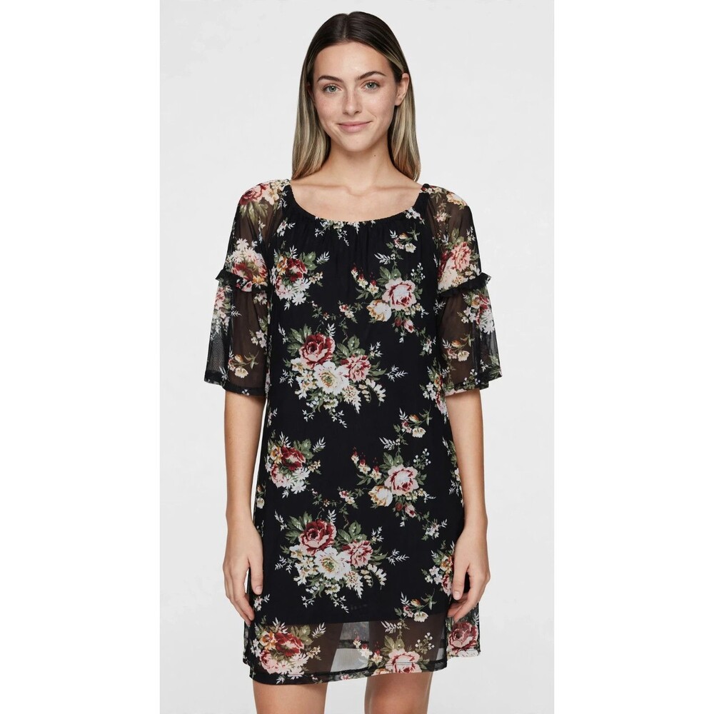 Potters Pot Dress Women XL Black Floral Mesh Ruffle Sleeve Lined Romantic Boho